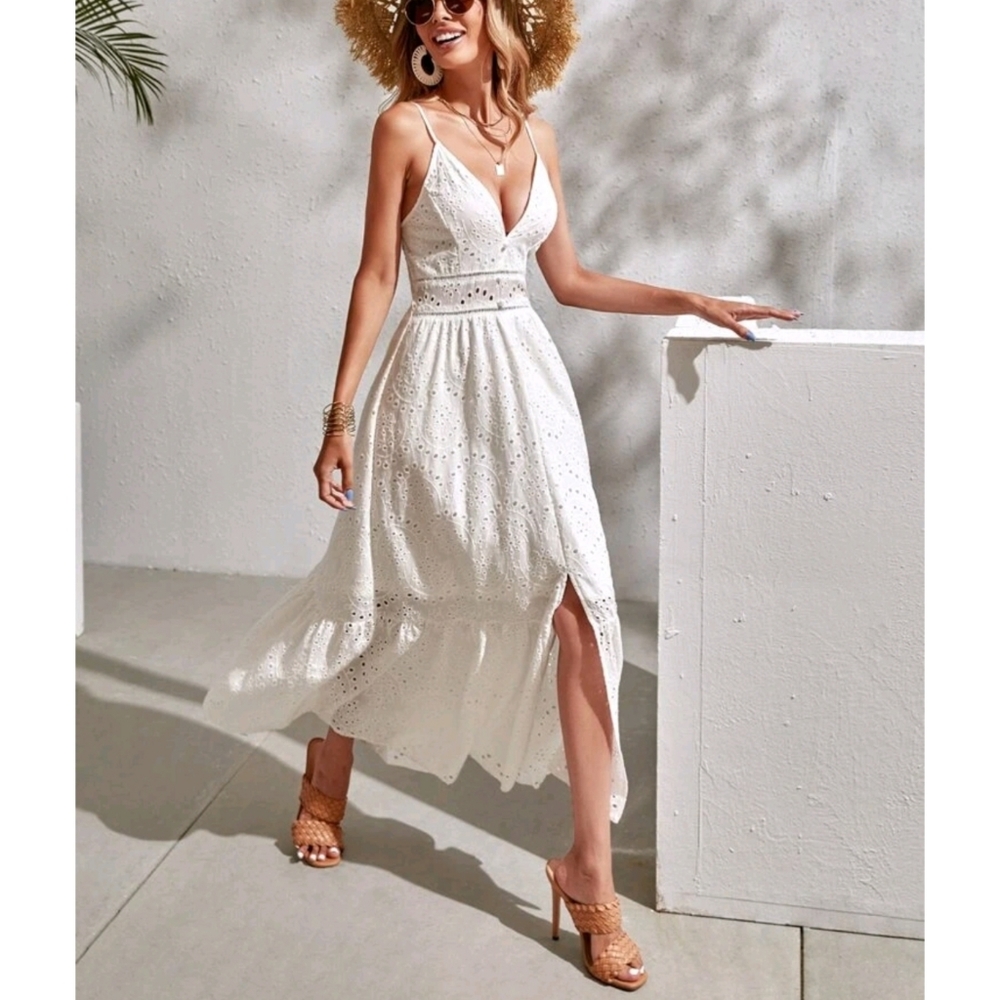 Boho V Neck Ruffle Hem Schiffy Cami Dress